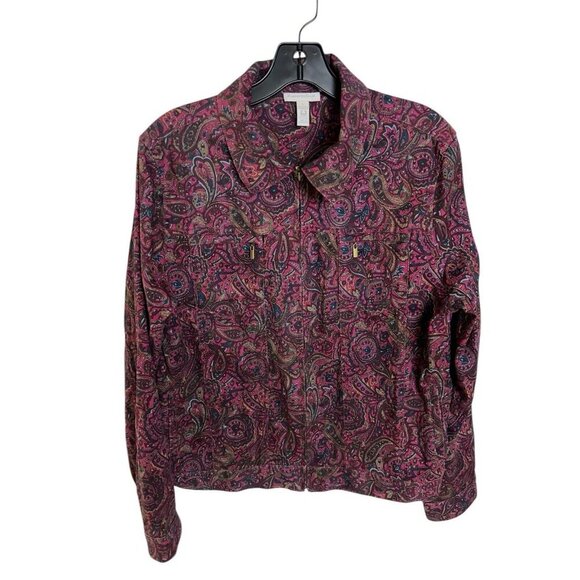 Charter Club Women’s L Maroon Paisley Long Sleeve Micro Corduroy Full Zip - Picture 1 of 12